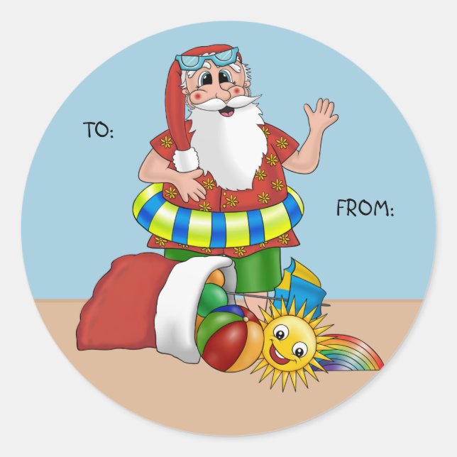 Sticker Rond Balise cadeau de Noël Santa Claus Beach (Devant)