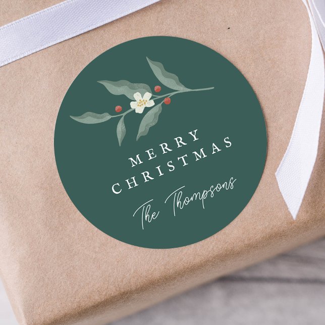 Sticker Rond Balise cadeau de Noël vert floral tiré à la main (Hand Drawn Floral Green Christmas Gift Tag)