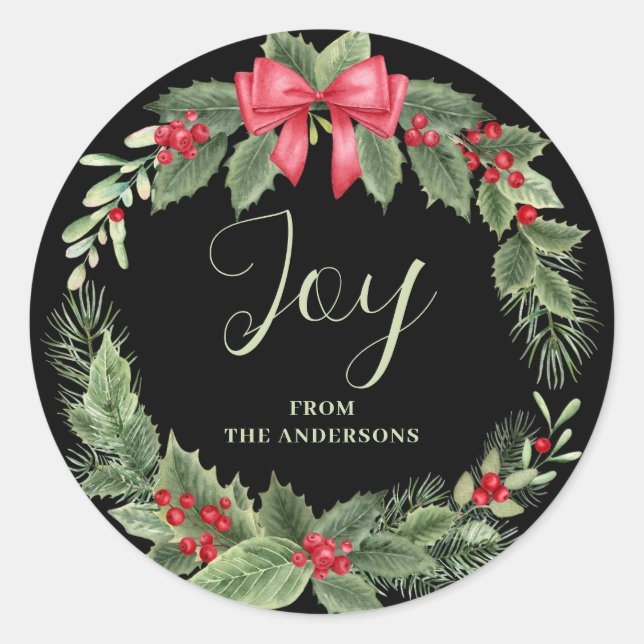 Sticker Rond Balise cadeau de Noël Wreath Joy Name (Devant)