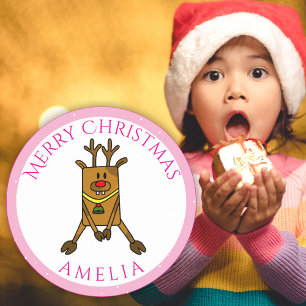Sticker Rond Balise cadeau de nom de l'enfant de Noël de Cerf-N