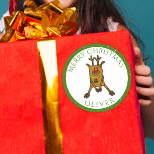 Sticker Rond Balise cadeau de nom de l'enfant de Noël de Cerf-N