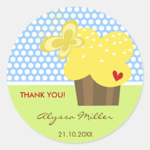 Sticker Rond Balise cadeau Merci Cupcake Jaune