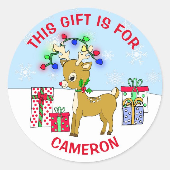 Sticker Rond Balise cadeau personnalisé de Noël de gentils renn (Devant)