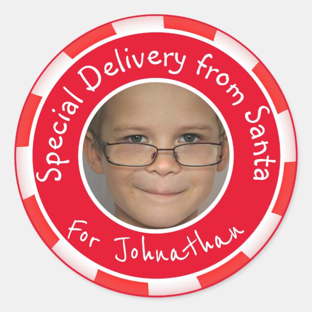 Sticker Rond Balise Cadeau Photo Personnalisée De Père Noël (Devant)