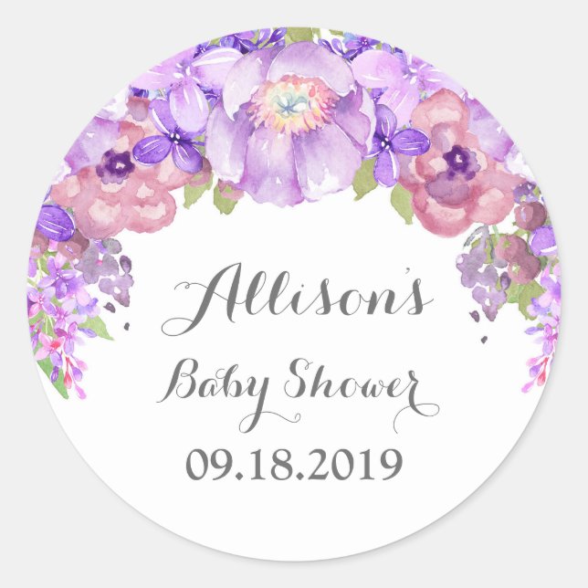 Sticker Rond Balise de Baby shower Floral Violet Rustique Lilac (Devant)