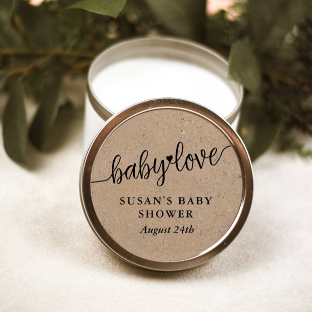 Sticker Rond Balise de Baby shower rustique, Kraft, Baby Love F (Créateur téléchargé)