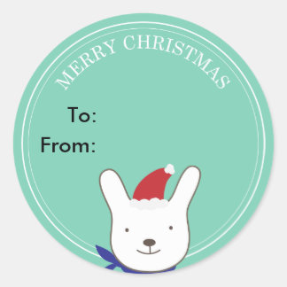 Sticker Rond Balise de cadeau de Noël Vert Bunny de Père Noël