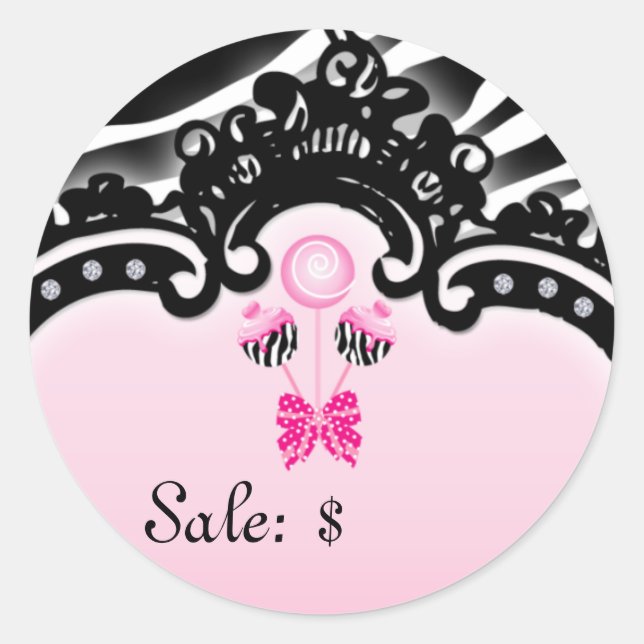 Sticker Rond Balise de prix vente de gâteaux rose noir (Devant)