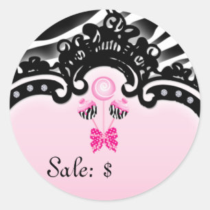 Sticker Rond Balise de prix vente de gâteaux rose noir