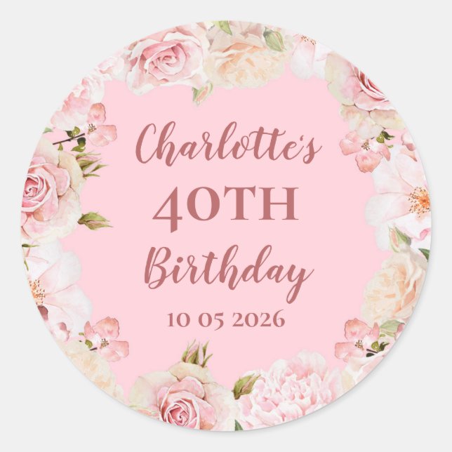 Sticker Rond Balise Fleurs roses Personnalisée Anniversaire Fav (Devant)