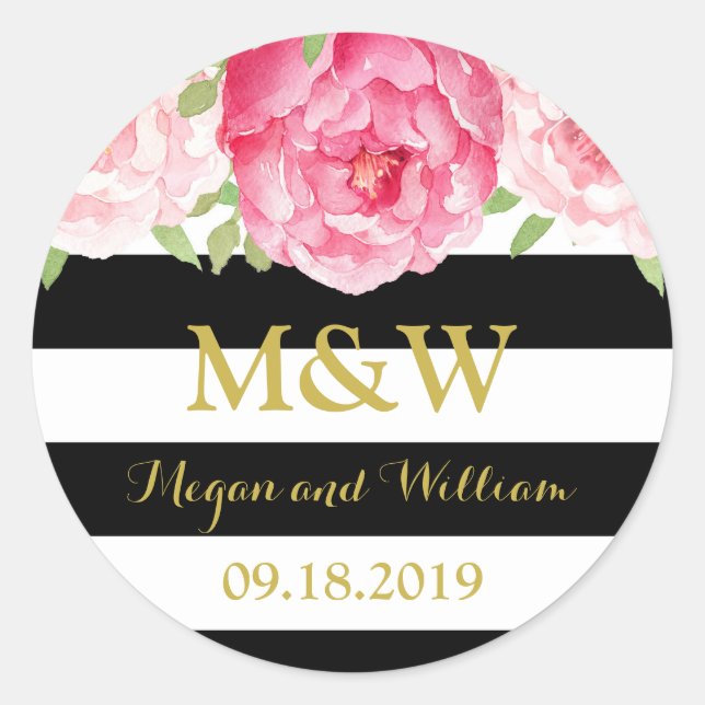 Sticker Rond Balise Noir Grandes Florales Monogramme Mariage Fa (Devant)