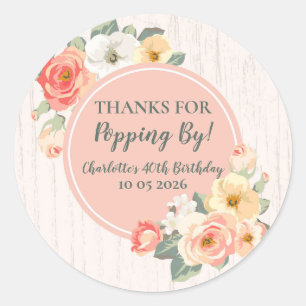 Sticker Rond Balise Peach Floral Merci pour Popping By Birthday