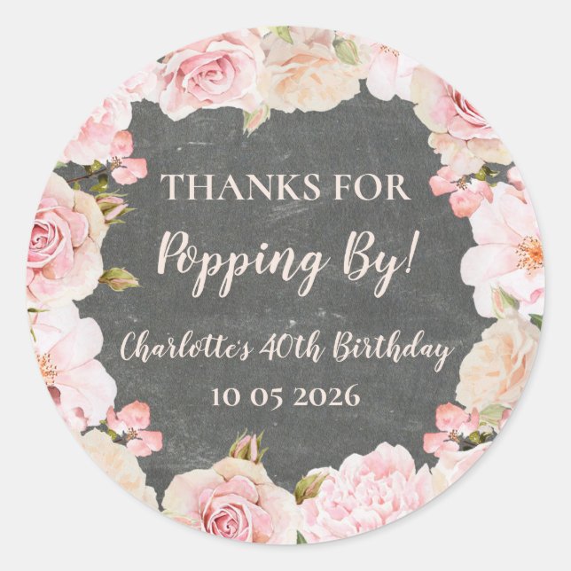 Sticker Rond Balise Pink Merci pour Popping By Birthday (Devant)