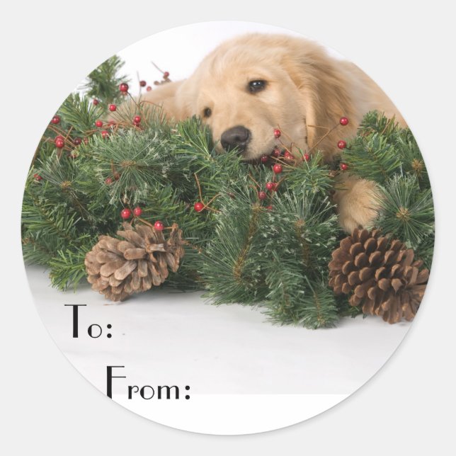 Sticker Rond Balises cadeaux de chien de Noël (Devant)