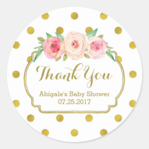 Sticker Rond Balises de Baby shower Floral Dots Or Blanc Favori