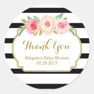 Sticker Rond Balises noires Baby shower floral rose Favoriser l