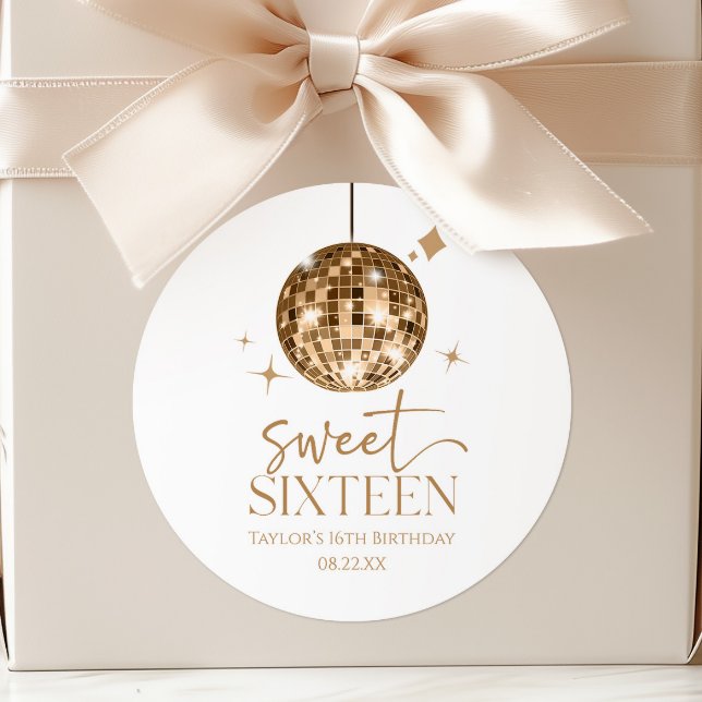 Sticker Rond Balle de disco dorée pour Sweet Sixteen Fête d'ann (Créateur téléchargé)