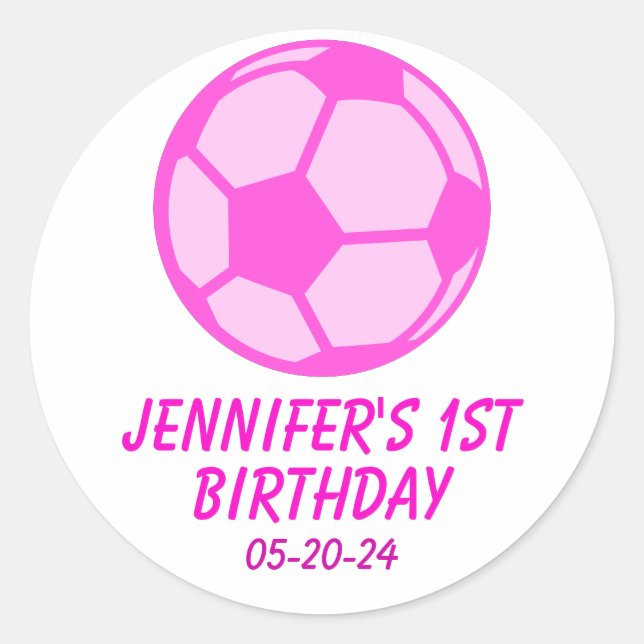 Sticker Rond Balle de football rose Premier anniversaire Fête F (Devant)