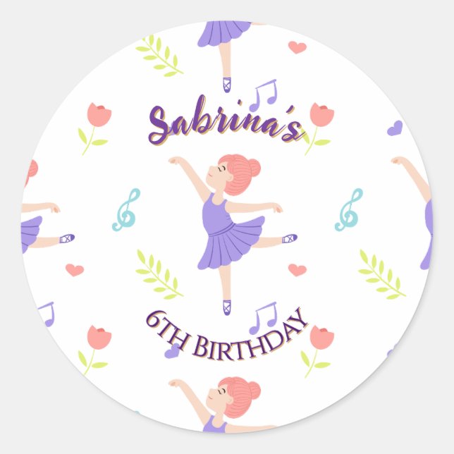 Sticker Rond Ballerina colorée Motif d'anniversaire des filles (Devant)