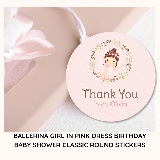 Sticker Rond Ballerina Girl en Robe rose Baby shower d'annivers (Ballerina Pink Wreath Thank You Stickers)