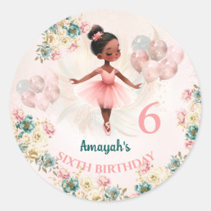 Sticker Rond Ballerina Peau foncée rose Turquoise Floral Annive