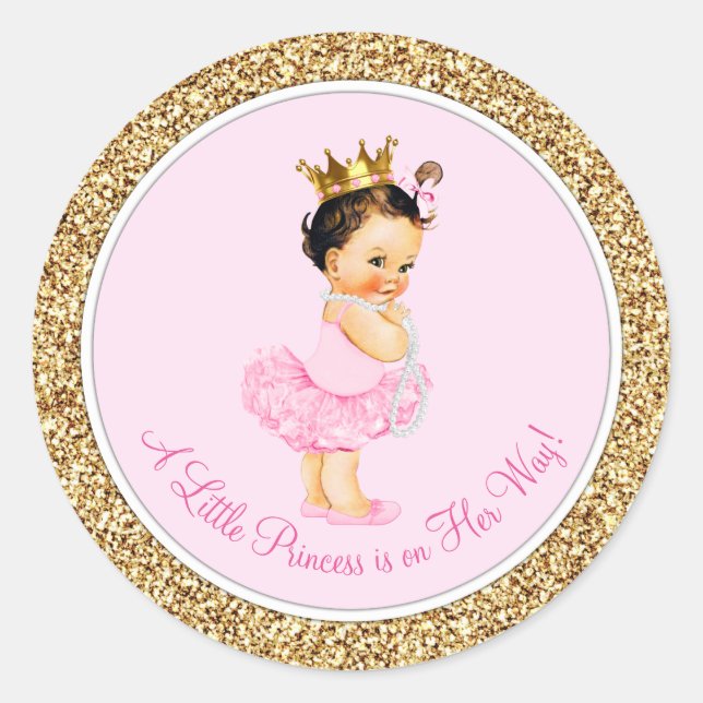 Sticker Rond Ballerina Princess Baby shower d'or rose (Devant)