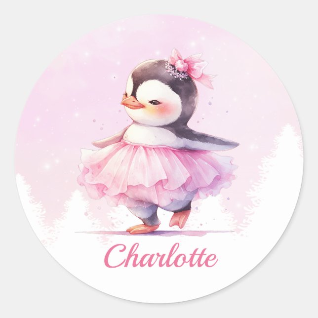 Sticker Rond Ballerina rose pingouin mignonne (Devant)