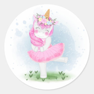 Sticker Rond Ballerine à la licorne mignonne avec couronne de f