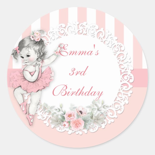 Sticker Rond Ballerine tutu rose rayures fleurs (Devant)