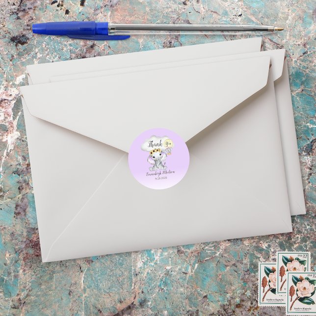 Sticker Rond Ballon à air chaud éléphant violet Merci Favoriser (Créateur téléchargé)