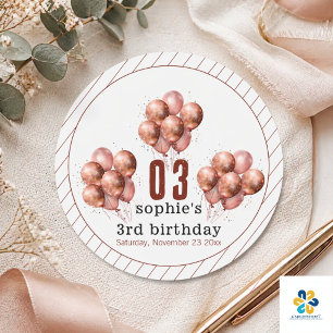 Sticker Rond Ballon en or rose pailleté aquarelle pour 3ème ann