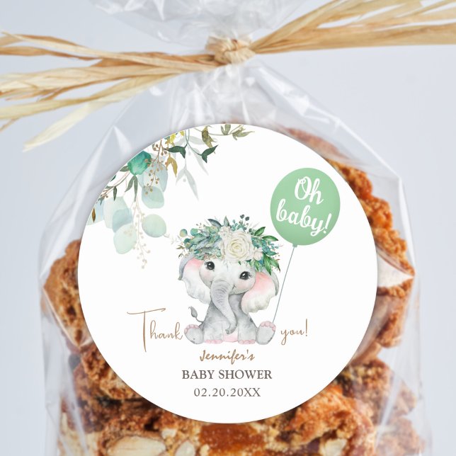 Sticker Rond Ballon vert éléphant Baby shower neutre pour les f (Créateur téléchargé)