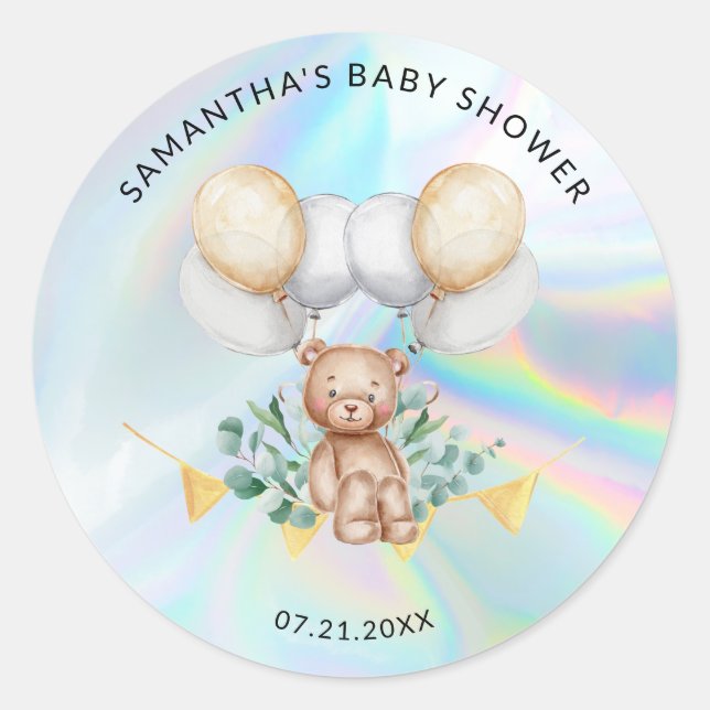 Sticker Rond Ballons à oreilles Eucalyptus Baby shower holograp (Devant)