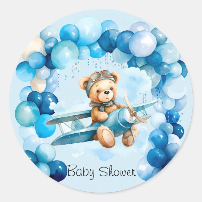 Sticker Rond Ballons bleu Teddy Bear Avion Baby shower de garço (Devant)