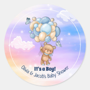 Sticker Rond Ballons bleu Teddy Bear Baby shower garçon