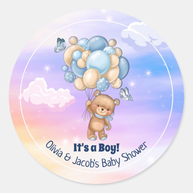 Sticker Rond Ballons bleu Teddy Bear Baby shower garçon (Devant)