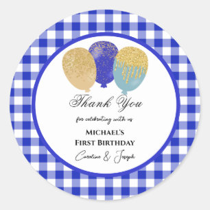 Sticker Rond Ballons Bleus & Gingham Bleu Merci