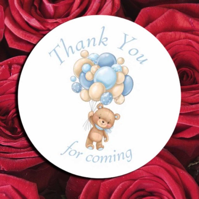 Sticker Rond Ballons Bleus Teddy Bear Baby shower Merci (We can Bearly Wait, Thank You sticker)