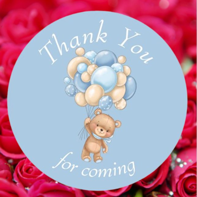 Sticker Rond Ballons Bleus Teddy Bear Merci (Show your gratitude with our Teddy Bear Blue Balloons Thank You stickers.)