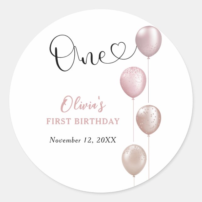Sticker Rond Ballons Blush fille premier anniversaire (Devant)