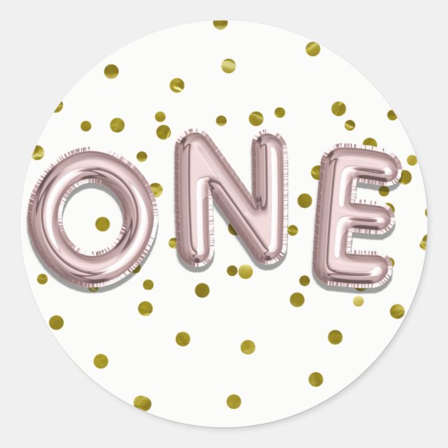 Sticker Rond Ballons Confettis Rose Gold Anniversaire UN 1ère F (Devant)