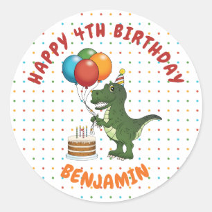 Sticker Rond Ballons d'anniversaire colorés de T-rex dinosaure