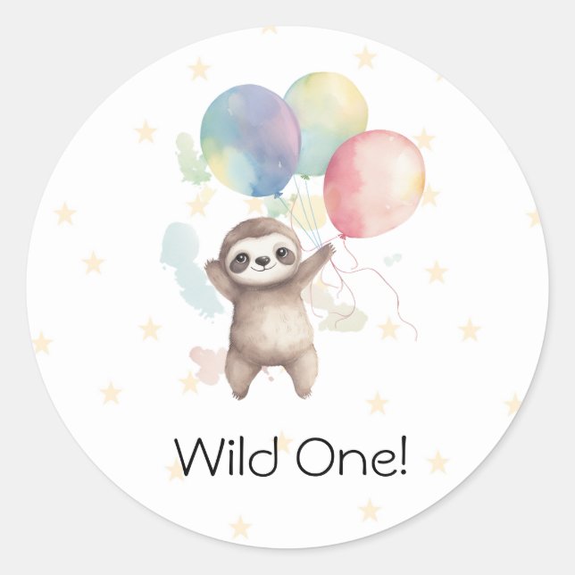 Sticker Rond Ballons d'aquarelle mignonne Sloth Wild un anniver (Devant)