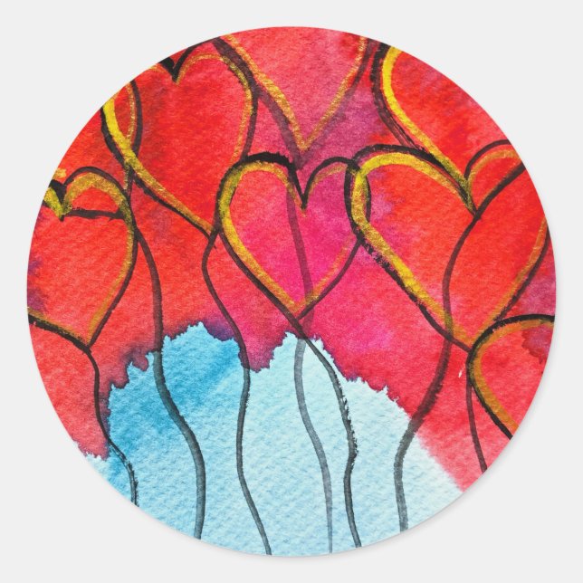 Sticker Rond Ballons de coeur rouge Valentine aquarelle (Devant)