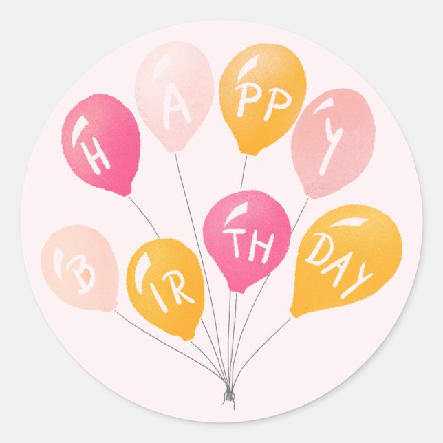 Sticker Rond Ballons de fête rose jaune enfant Joyeux anniversa (Devant)