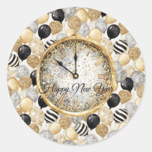 Sticker Rond Ballons de Nouvel An Glitzy Or Argent Noir