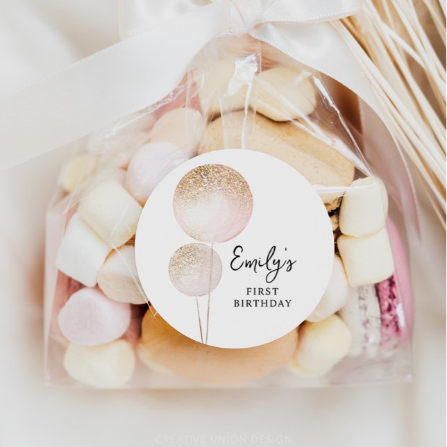 Sticker Rond Ballons de Parties scintillant rose 1er Anniversai (Minimal First Birthday)
