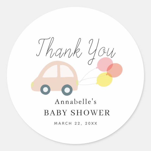 Sticker Rond Ballons de voiture rose Baby shower fille blanche (Devant)