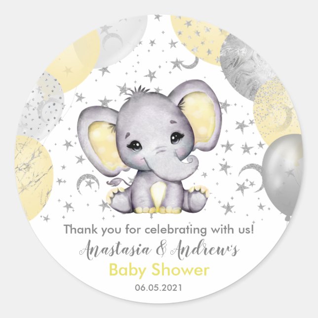 Sticker Rond Ballons d'éléphant à Baby shower jaune mignon (Devant)