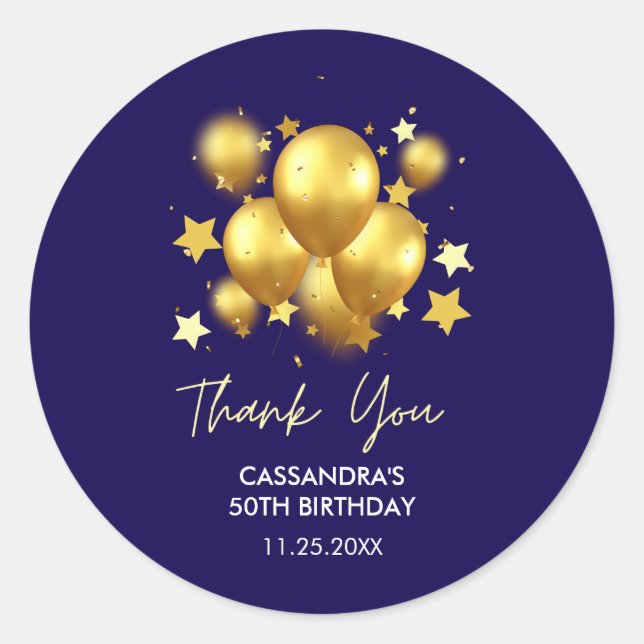 Sticker Rond Ballons d'or soyeux Étoiles Marine Anniversaire (Devant)